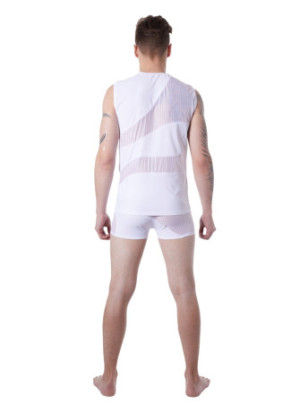 T-shirt débardeur blanc col rond opaque et transparent avec fines rayures - LM803-77WHT